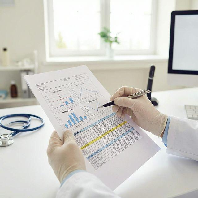 Doctor reviewing complex blood test lab report